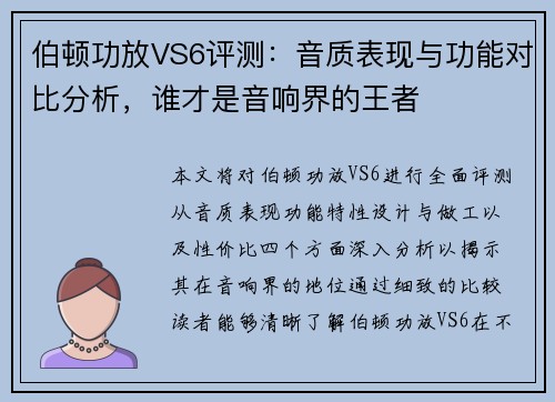 伯顿功放VS6评测：音质表现与功能对比分析，谁才是音响界的王者